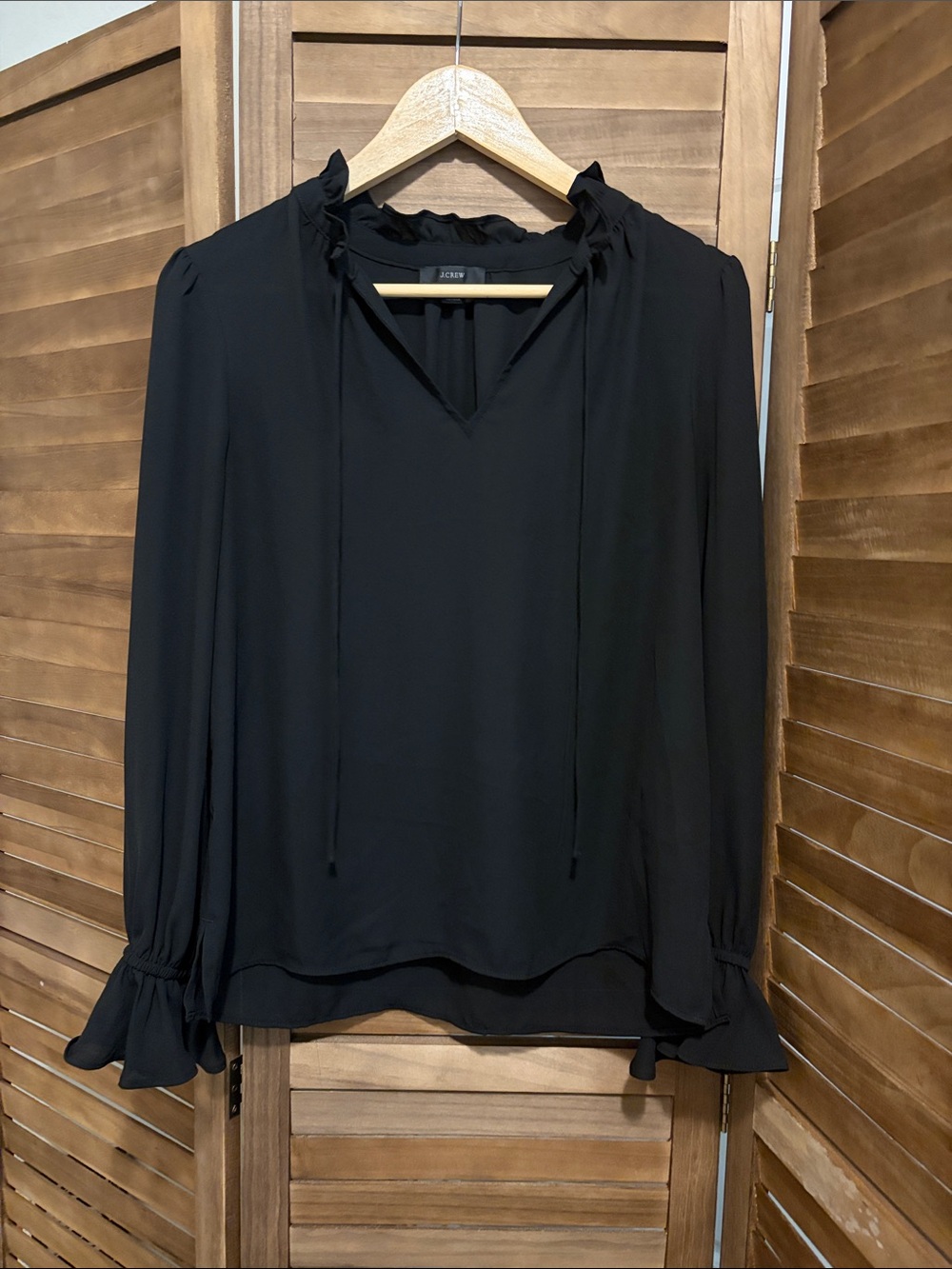 J. Crew Black Ruffle-Tie V-Neck Long Sleeve Blouse